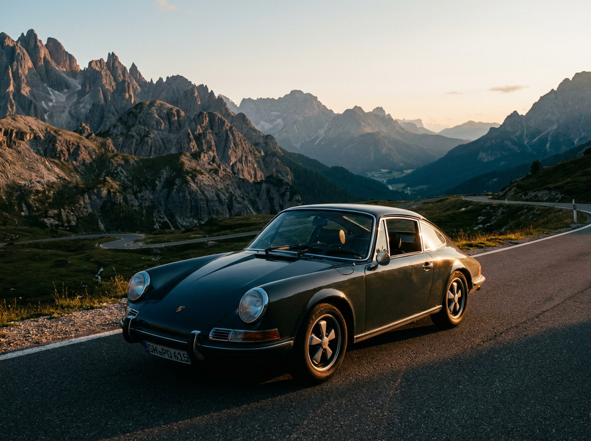 Restored air-cooled Porsche 912 on a mountain road