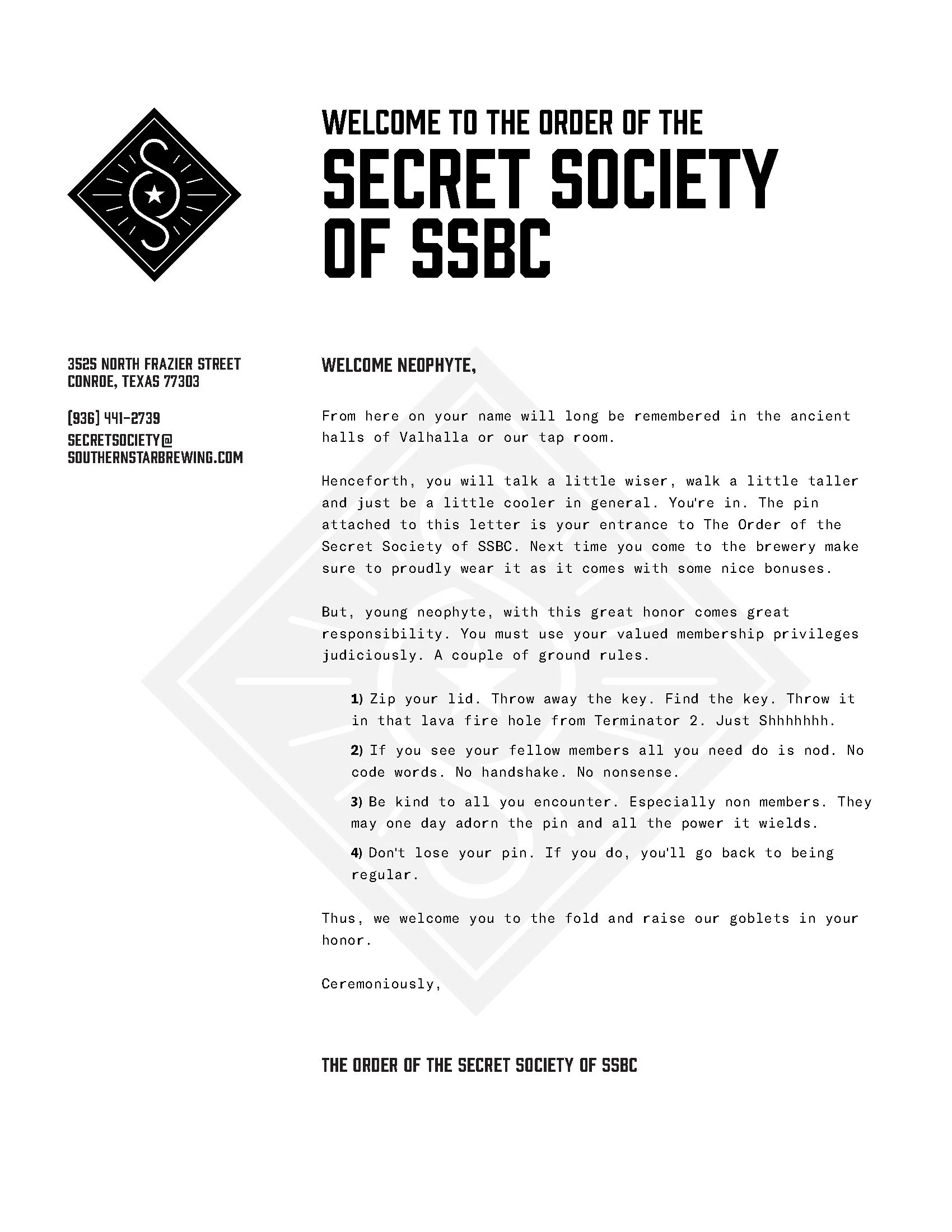Secret Society membership letter